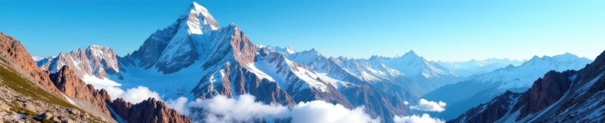 Sharp granite peaks, rugged terrain, blue sky, vector illustration, hiking, climbing