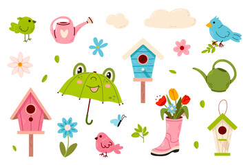 Naklejka premium Cute Spring Element Set with birdhouses, flowers, boots, birds, water can and umbrellas. Perfect for scrapbooking, invitations, and digital crafts.