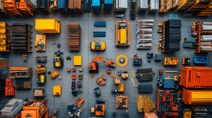 Aerial view of construction yard filled with various machinery and materials, showcasing organized equipment and vibrant colors