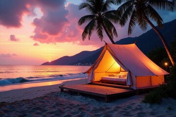 Stylish illuminated glamping tent on idyllic tropical beach, sunset mountain vista, mountain, glamping
