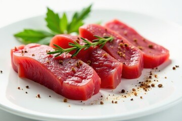 Sliced raw steak with aromatic spices, clean white setting , savory, paleo