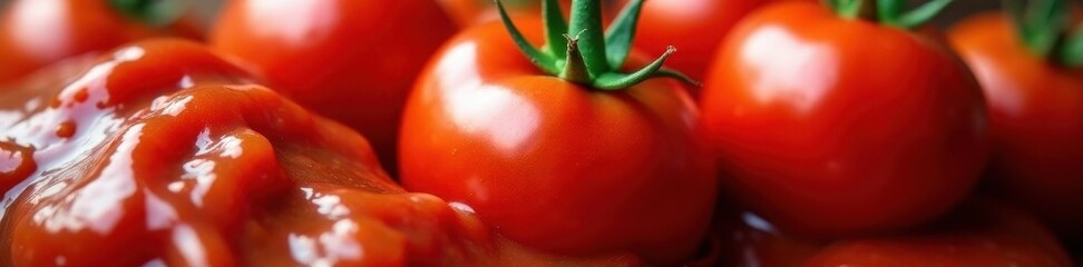 Thick, glossy tomato ketchup; close-up texture , vibrant, tomato