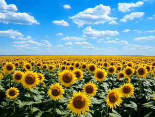 Fototapeta premium Expansive Sunflower Field Under a Bright Blue Sky Showcasing Nature's Vibrant Beauty