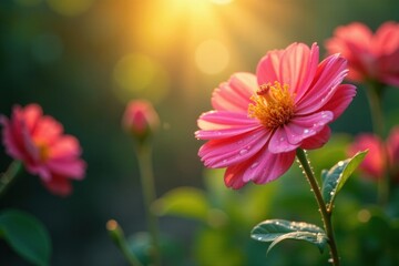 Sunlight drenching vibrant blooms, water droplets glistening , vibrant, hose