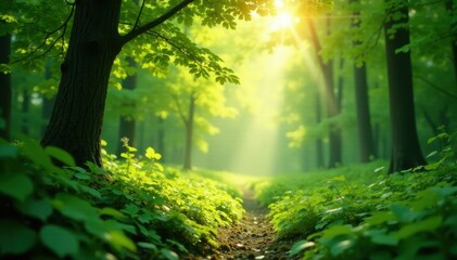 Sunlight dappled through leaves, illuminating lush green undergrowth, woodland, sunlight, natural
