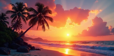 Sunrise paints the sky vibrant hues over swaying palm trees, tranquil ocean reflecting golden light , coastline, island