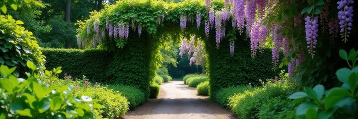 Wisteria-draped archway, lush green leaves, idyllic English garden , pathway, foliage, cottage garden