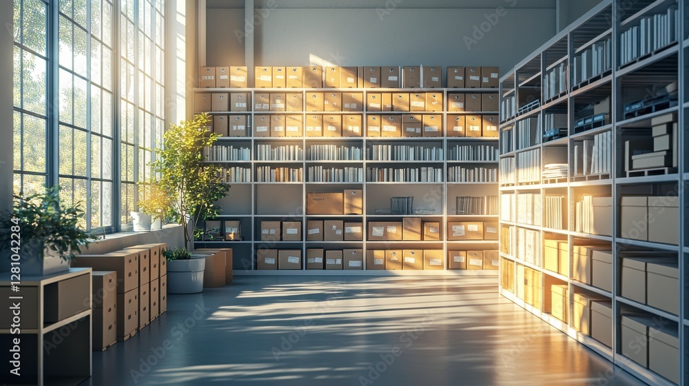 Poster a serene library space with sunlit shelves, filled with books and a touch of greenery, creating a tr