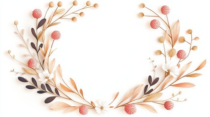 A delicate floral arrangement featuring leaves and berries, creating a circular design on a white background.