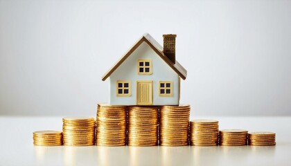 "Home on rising coin stacks: A miniature house sits atop stacks of golden coins, symbolizing financial growth and real estate investment.