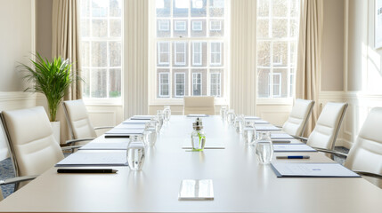 Fototapeta premium modern conference room with long table, chairs, and natural light. space is designed for meetings, featuring water glasses and stationery