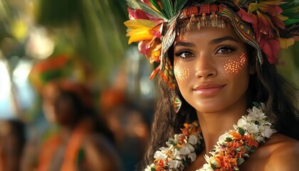 Fototapeta premium Islanders with glowing AR cultural traditions, vibrant tropical setting, soft natural lighting, photorealistic