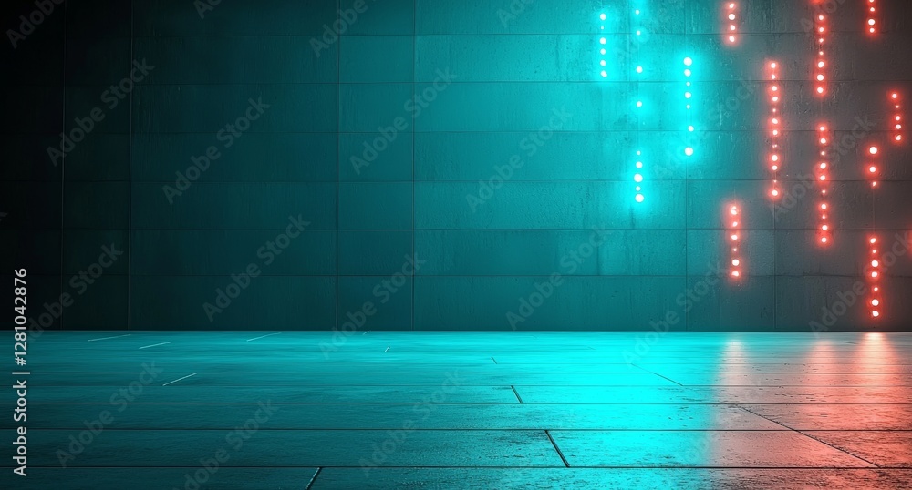 Poster backlit spotlight shines on a futuristic product in a modern concrete and neon showcase, complete wi