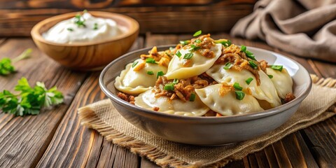 Pierogi ruskie topped with sour cream and fried onions in a bowl on a wooden table, polish cuisine, homemade food