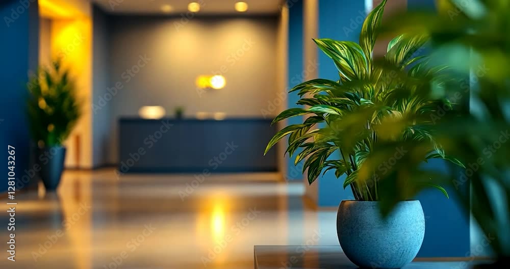 Aufkleber green plant in a pot on a table in front of a dark, blurred background, with a yellow light glow in 