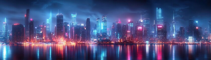 Obraz premium Lublae City skyline with futuristic glowing architecture, vibrant urban landscape, dynamic night lighting, photorealistic