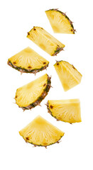 Naklejka premium pineapple png. slices of pineapple isolated. pineapples png. Pineapple slices falling down isolated. Fresh pineapple pieces floating downward png. Tropical pineapple chunks falling naturally png