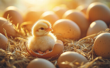 Adorable chick just hatched from an egg, sitting in a nest surrounded by eggs, symbolizing new life, growth and nature’s beginnings.