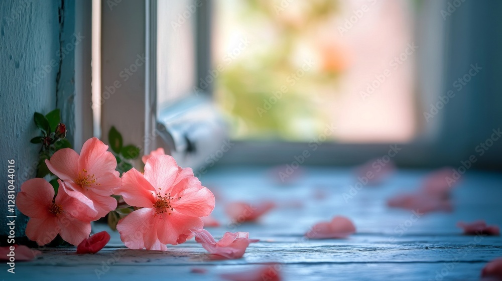 Poster sunlight filters through an open door, illuminating a tranquil room. soft pink flowers rest gently o