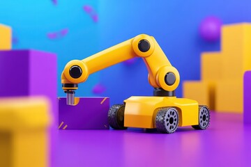 Fototapeta premium Playful Yellow Robot Arm Manipulating Purple Cube in a Vibrant Geometric Setting