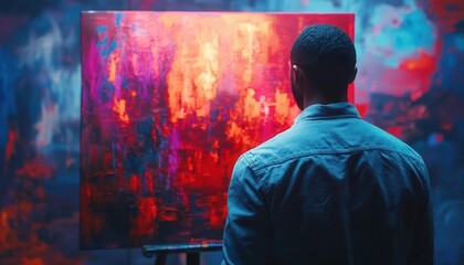 Painter in a studio, creating a masterpiece with glowing AR color palette tools, dynamic lighting, photorealistic