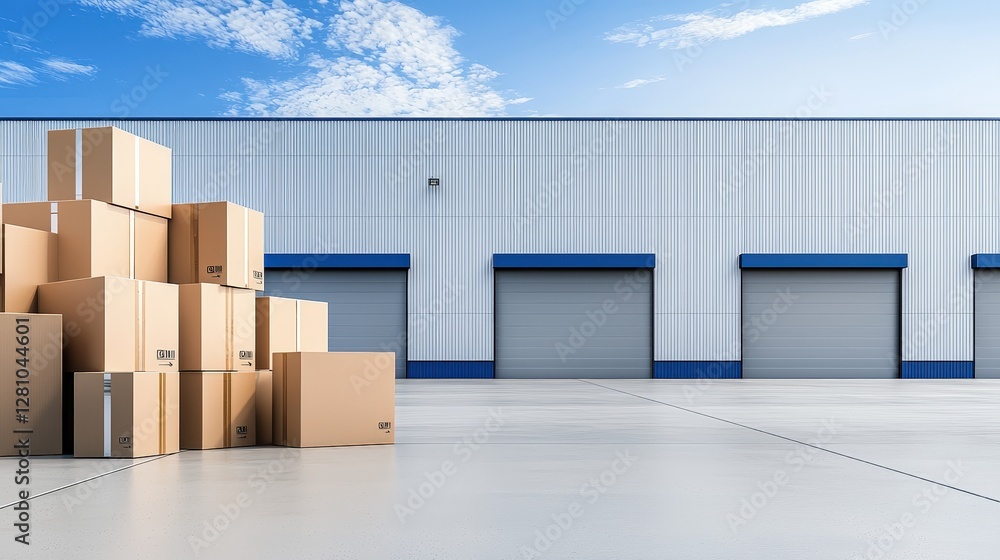 Poster a stack of cardboard boxes is positioned in front of a modern warehouse with multiple loading doors 