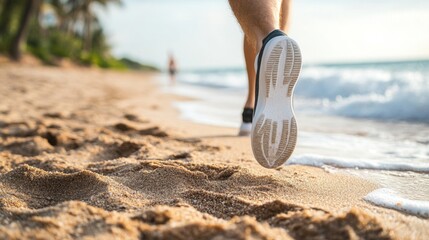 Person jogging along a sandy beach with ocean waves and a distant figure enjoying the scenery