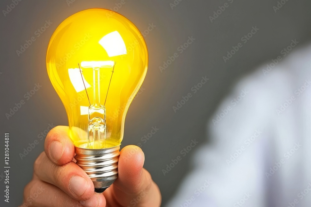 Poster a glowing lightbulb is held by a businessman, surrounded by icons that represent learning and study,