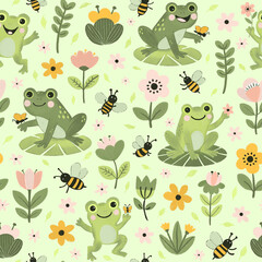 seamless pattern with frogs and flowers
