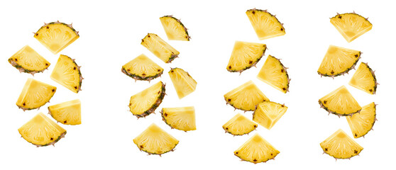Naklejka premium pineapple set png. slices of pineapple isolated. pineapples png. Pineapple slices falling down isolated. Fresh pineapple pieces floating downward png. Tropical pineapple chunks falling naturally png