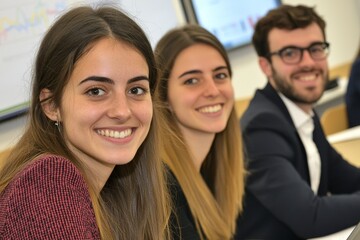 Obraz premium The finance department's success is being celebrated by the accounting business team in an office meeting, where excited colleagues are working on a laptop, thrilled about the company's financial