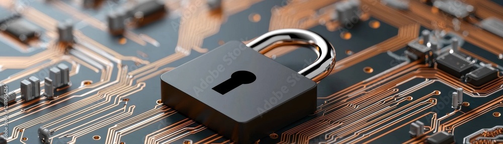Poster digital security concept with padlock on circuit board representing cyber protection and data safety