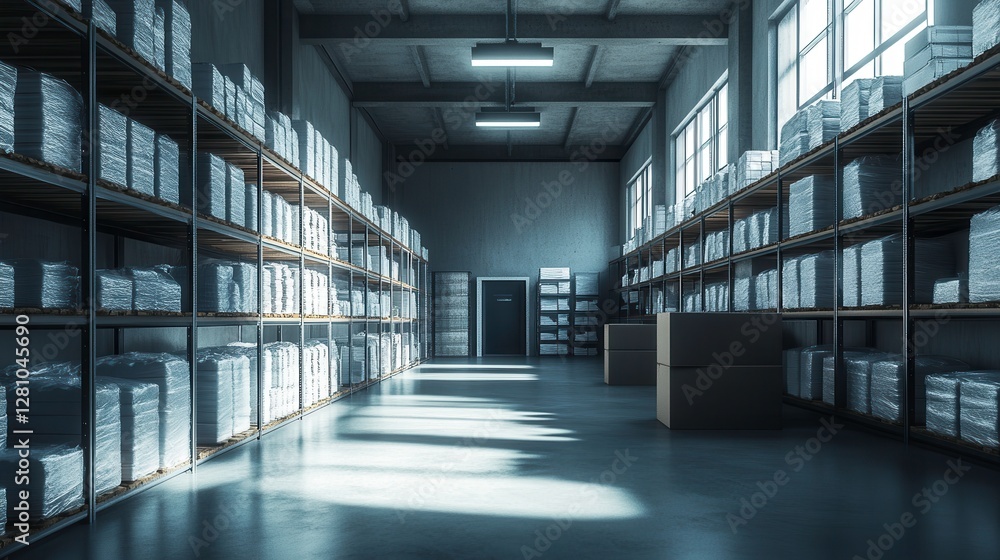 Poster a spacious storage room filled with neatly stacked boxes and shelves, illuminated by daylight stream