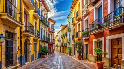 Fototapeta premium Narrow cobblestone street lined with historic colorful buildings and ornate balconies in Denia, Spain, cobblestone streets, tourism