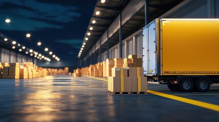 A nighttime scene of a warehouse with a yellow truck and stacked boxes, illuminated by overhead lights, showcasing a bustling logistics environment.