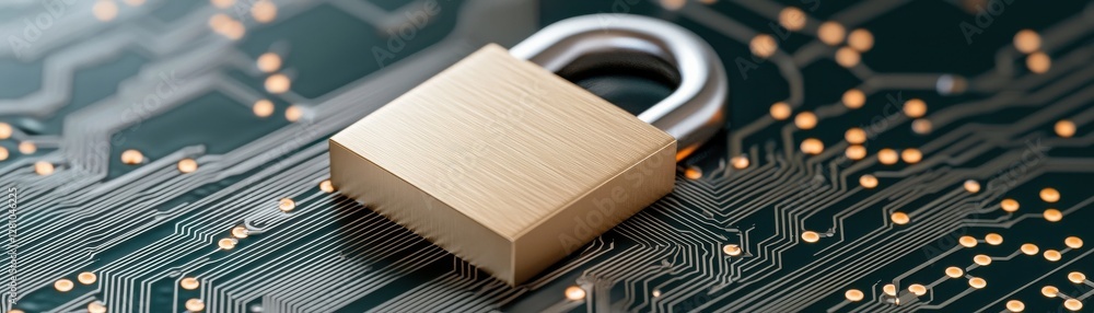 Poster gold padlock on electronic circuit board background representing cybersecurity and data protection c