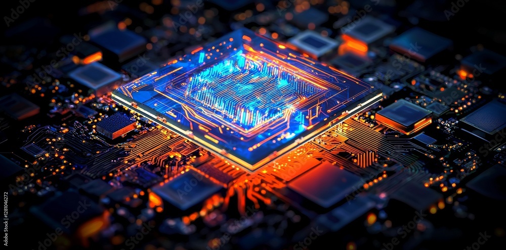 Poster the concept of a cyberpunk ai is illustrated through a 3d rendering, showcasing a circuit board, cen