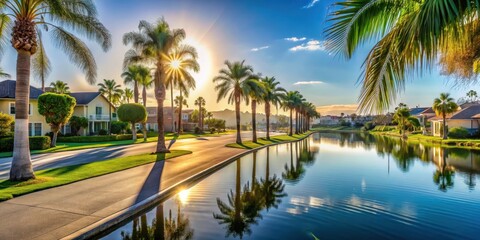 Obraz premium Sunny morning street with palm trees and a lake in Chula Vista neighborhood , Palm Trees, California, Palm Trees