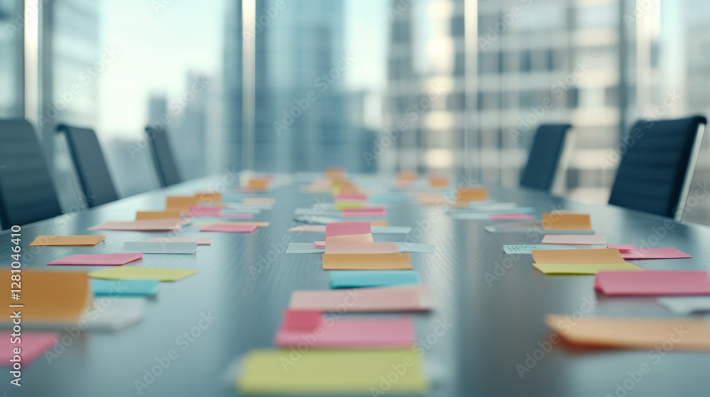 Poster modern conference table filled with colorful sticky notes, reflecting collaborative brainstorming se