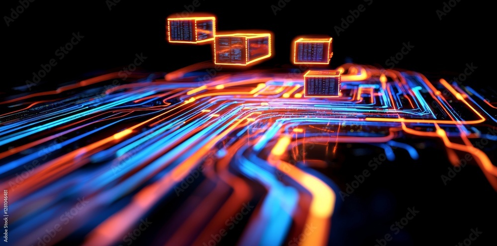 Poster a cyberpunk ai is depicted in a 3d rendering with a circuit board and technology background, highlig