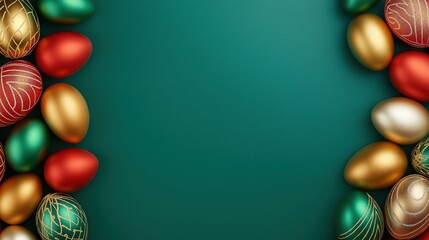 Many colorful easter eggs on green background, with copy space