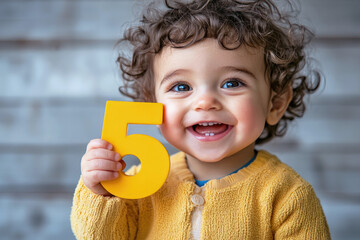 Smiling toddler holding a yellow number 5, symbolizing early learning, childhood education, and joyful development milestones. Happy Birthday.