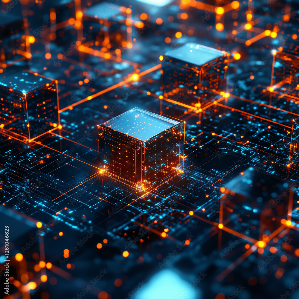 Poster a 3d rendering of a cube on a circuit board with orange and blue lights
