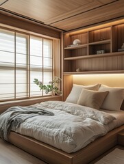 A minimalistic bedroom interior with warm colors and clean design