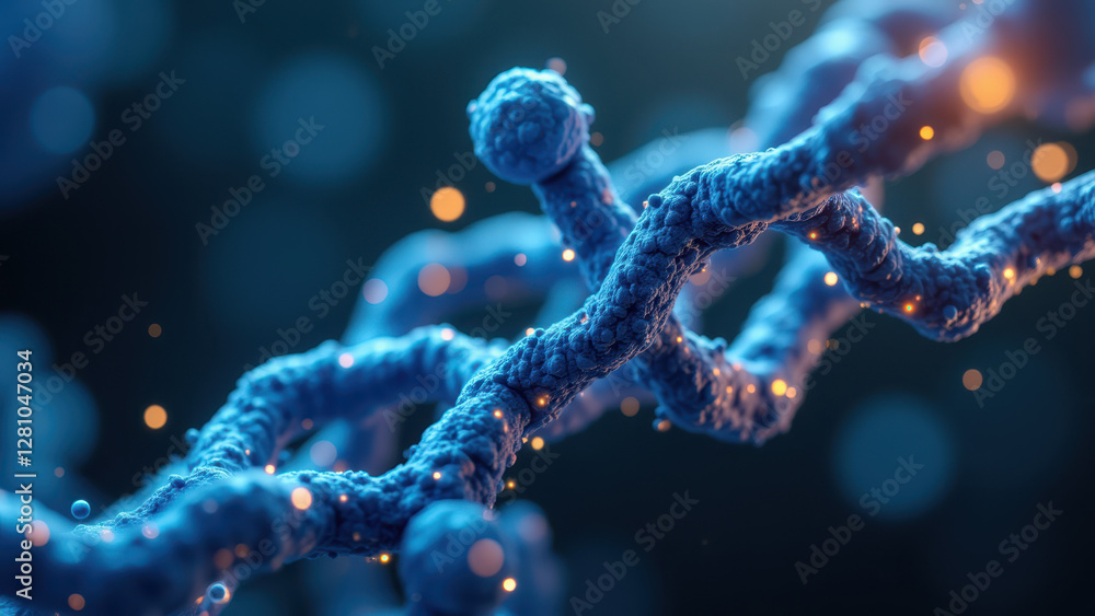 Poster close-up view of a dna sequence with glowing blue spheres indicating base pairs.