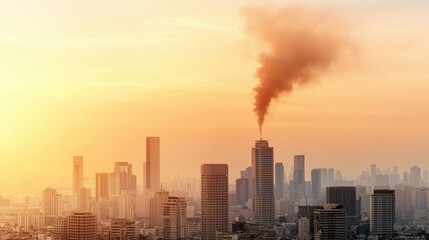 A city skyline at sunset, with a building emitting smoke, reflecting urban life and environmental concerns.