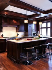Modern kitchen island with elegant dark wood design and lighting