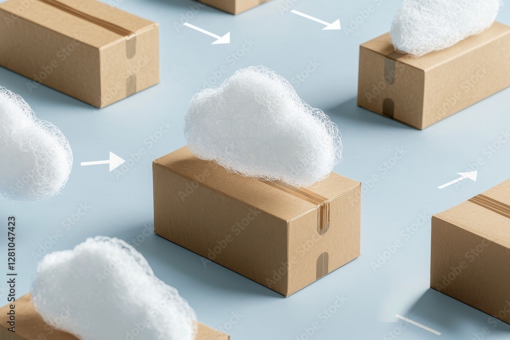 Poster cloud computing icons connected to laptop icons signify the role of cloud technology in transferring