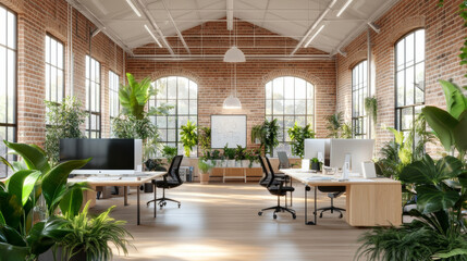 Modern office interior with large windows, plants, and wooden furniture, creating bright and inviting workspace. design promotes productivity and comfort