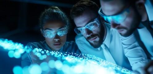 A group of female developers work together at night, utilizing technology to create codes, apps, or big data within a futuristic network, surrounded by a digital overlay